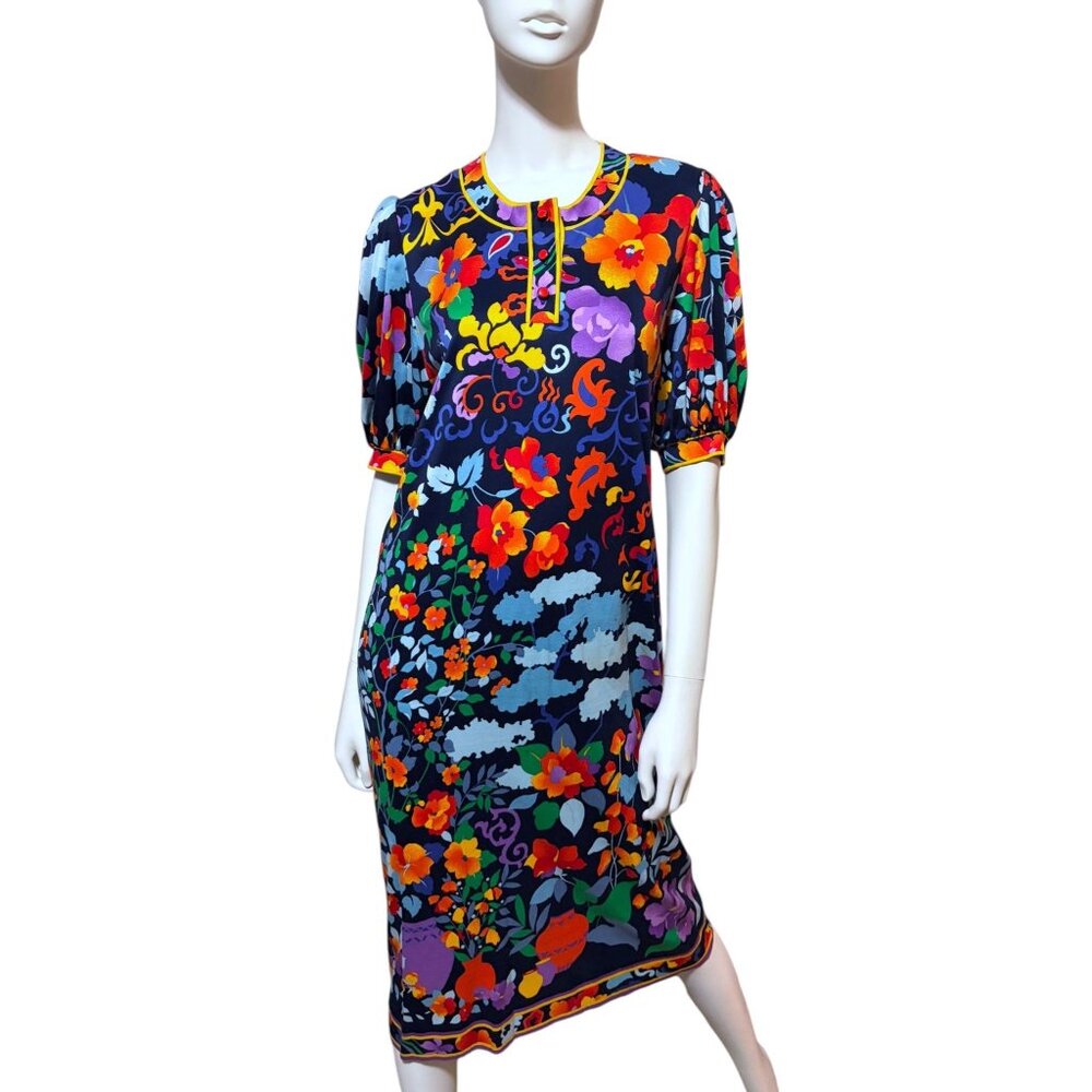 Vintage Leonard Studio Dress L Rainbow Balloon Sleeve Asian Inspired Mural italy